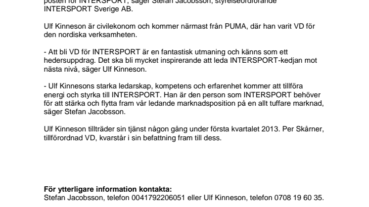 Ulf Kinneson blir ny VD på INTERSPORT