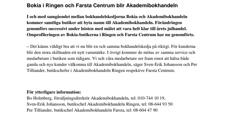 Bokia i Ringen och Farsta Centrum blir Akademibokhandeln 
