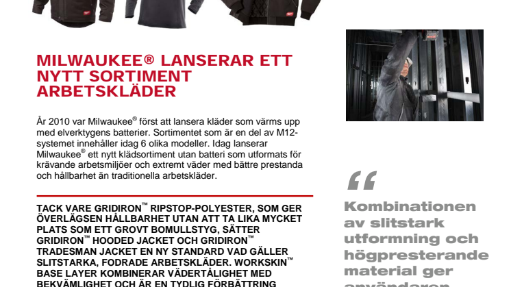 MILWAUKEE® LANSERAR ETT NYTT SORTIMENT ARBETSKLÄDER