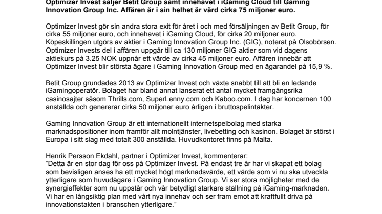 Optimizer Invest säljer Betit Group – blir största ägare i Gaming Innovation Group