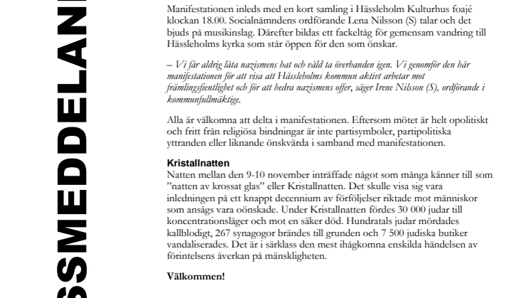 Manifestation mot hat, våld och mobbing på årsdagen av Kristallnatten