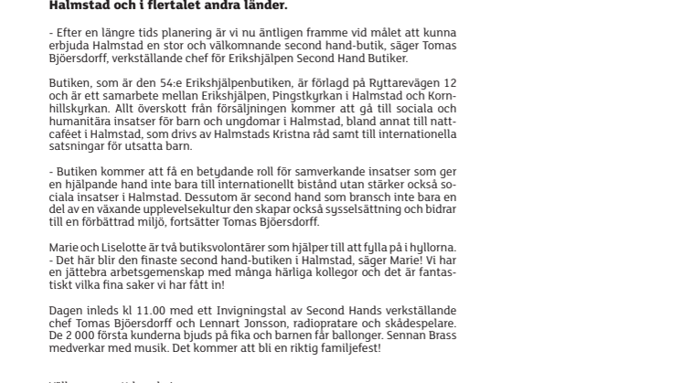 Erikshjälpen Second Hand öppnar butik i Halmstad