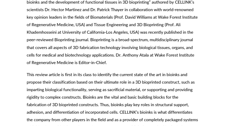 CELLINK publishes article about bioink together with world renowned scientists