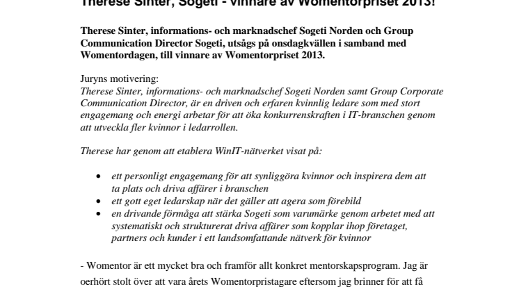 Therese Sinter, Sogeti - vinnare av Womentorpriset 2013!