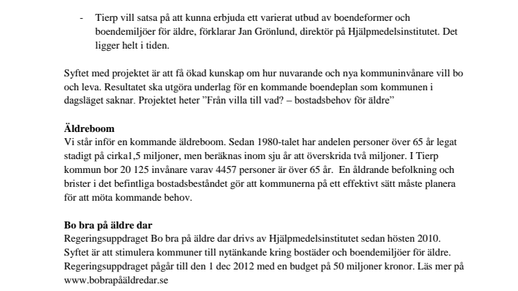 Tierps kommun får projektstöd av regeringsuppdraget Bo bra på äldre dar