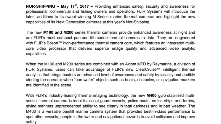 FLIR: FLIR to Debut Latest Maritime Thermal Camera Innovations at Nor-Shipping (Stand B01-37)