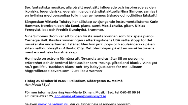 A Tribute to Nina Simone med Viktoria Tolstoy, Karin Hammar & Ida Sand på Palladium Malmö 24 oktober