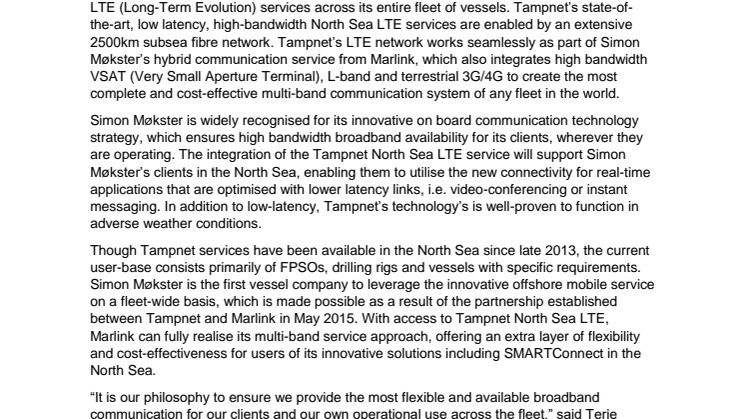 Marlink: Simon Møkster Shipping Becomes First Offshore Fleet to Use Tampnet North Sea LTE Connectivity
