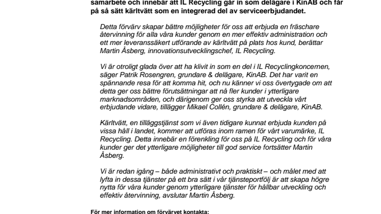 IL Recycling köper delar av företaget Kärltvätt i Norr AB (KinAB)