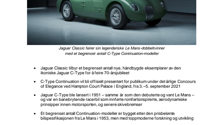 PRESSEMELDING Jaguar Classic bygger et begrenset antall nye C-Type Continuation-modeller
