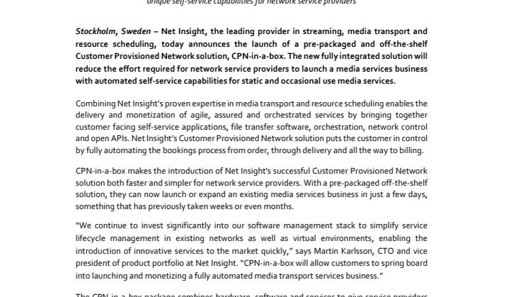 Net Insight launches pre-packaged customer self-provisioned media network solution