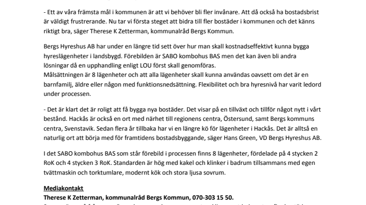 Bergs Hyreshus vill bygga nya lägenheter i Hackås