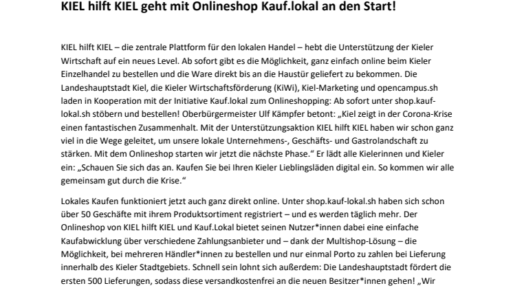 KIEL hilft KIEL geht mit zentralem Onlineshop Kauf.lokal an den Start