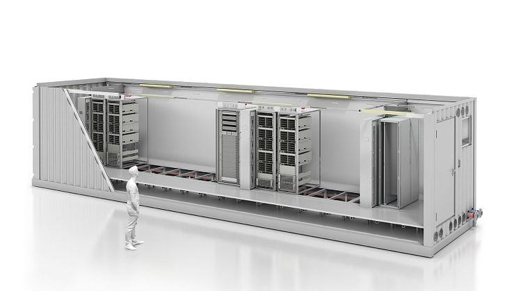 Klar til brug - det nøglefærdige datacenter indeholder alle vitale komponenter - fra IT-rack til klimakontrolteknik og strømforsyning. Selve containeren – med beskyttelsesdækslet - tillader udendørsinstallation med IP 56-beskyttelse.