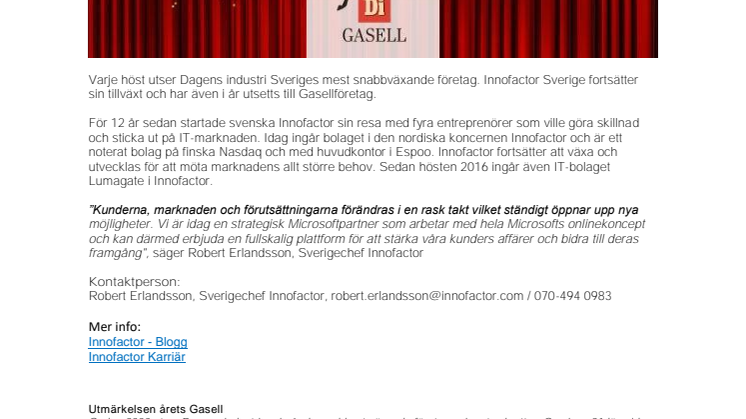 Innofactor Sverige återigen utsedd till Gasellföretag!