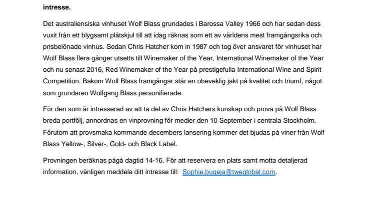 Wolf Blass Chefsvinmakare Chris Hatcher kommer till Stockholm