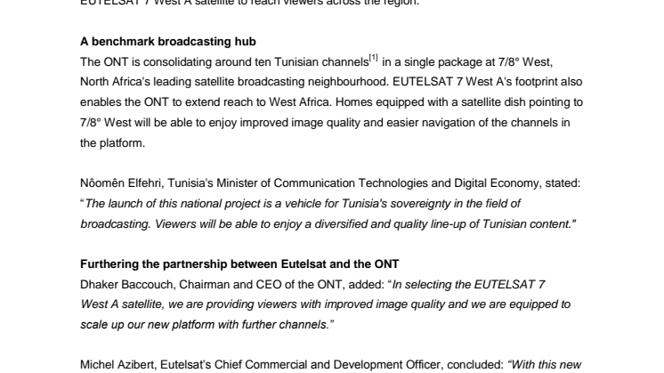 Tunisia extends broadcasting of new free-to-air television platform with Eutelsat