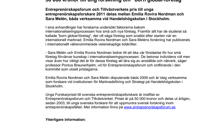 50 000 kronor till ung forskning om ”born global-företag”