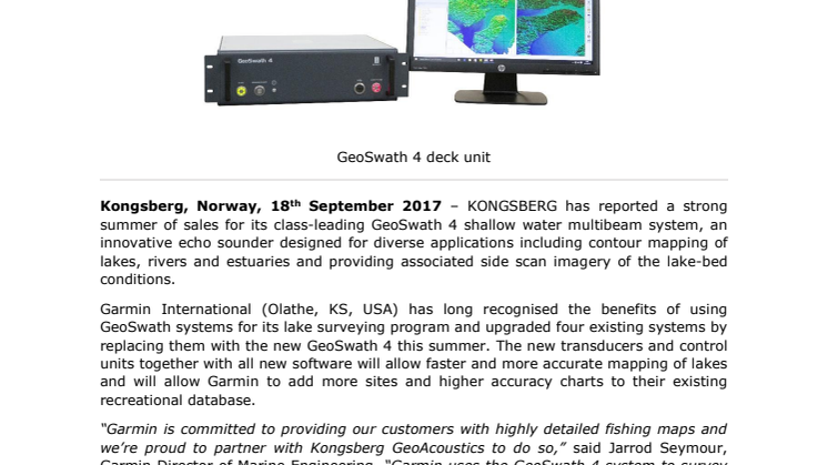 Kongsberg Maritime: Successful Summer of Sales for KONGSBERG GeoSwath 4 Shallow Water Multibeam System