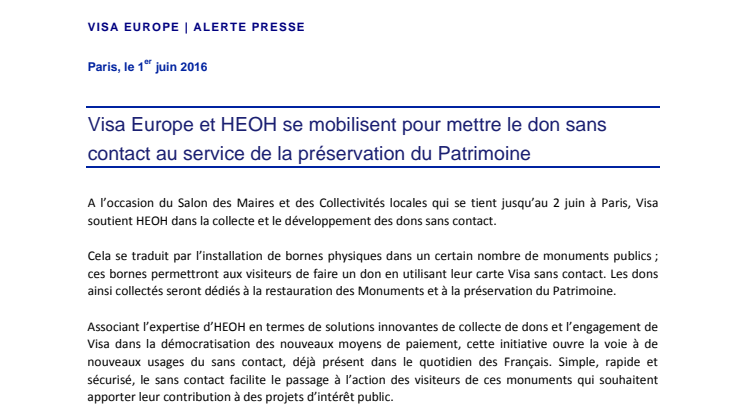 Visa Europe et HEOH se mobilisent pour mettre le don sans contact au service de la préservation du Patrimoine