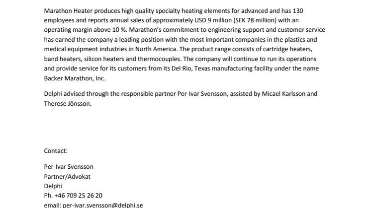 Delphi advised Nibe Industrier AB (publ) in the acquisition of Marathon Heater Inc
