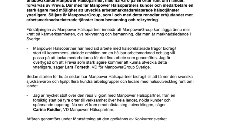 Manpower Hälsopartner får ny ägare