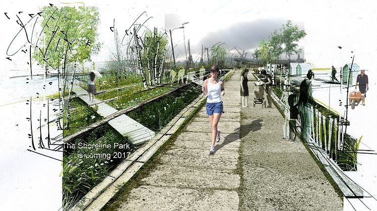 Visionsbild för Jubileumsparken för att visa hur den kan se ut när mer grönska finns på plats. Illustration: atelier le balto och MARELD 