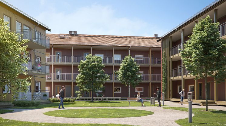 Illustration av lägenhetshusen i BoKlok Svärdet i södra Hemlingby, med innergård och grönskande loftgångar. 