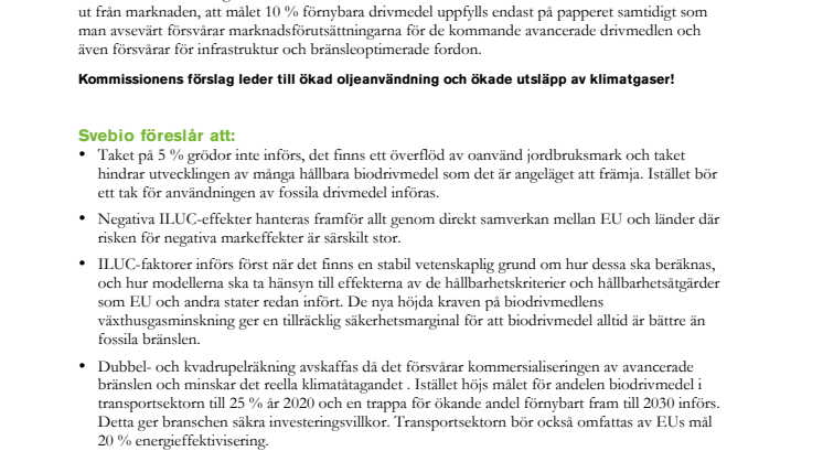 Svebios synpunkter på kommissionens förslag om ändring i Förnybart- och Bränslekvalitetsdirektiven