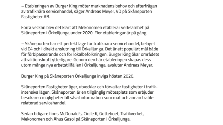 Burger King etablerar en ny restaurang på Skåneporten i Örkelljunga
