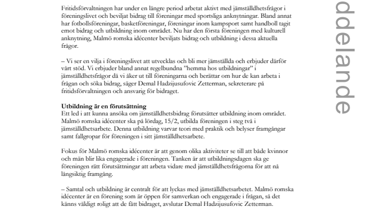 Malmö romska idécenter beviljas jämställdhetsbidrag