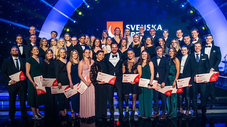Stipendiater av riksidrottsförbundets Elitidrottsstipendium poserar för en gruppbild under Idrottsgalan 2020 den 27 januari 2020 i Stockholm. Foto: Simon Hastegård, Bildbyrån