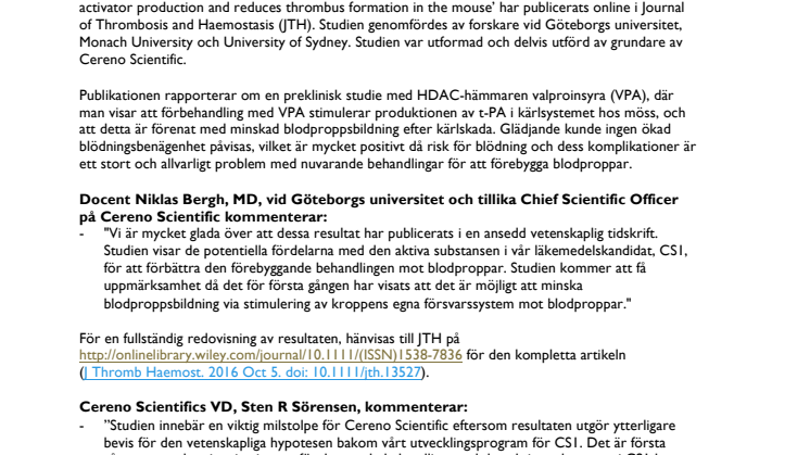 Cereno meddelar att positiva data har publicerats i Journal of Thrombosis and Haemostasis (JTH)
