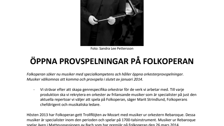 ÖPPNA PROVSPELNINGAR PÅ FOLKOPERAN