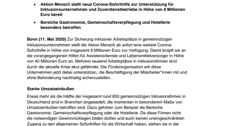 Aktion Mensch: Neue Corona-Soforthilfe zur Sicherung von Arbeitsplätzen in Inklusionsunternehmen