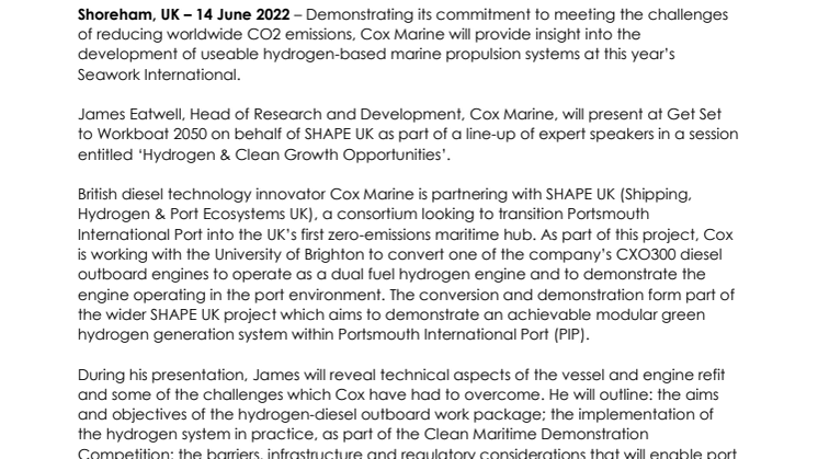 14 June 22_Seawork - Cox Marine Highlights Hydrogen Solutions at Seawork.pdf