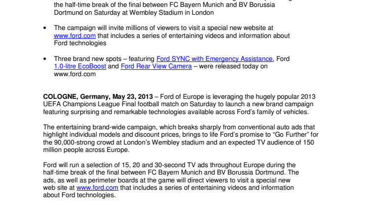Ford Kicks Off New Brand Campaign During UEFA Champions League Final; Ads Highlight Ford Remarkable Technologies