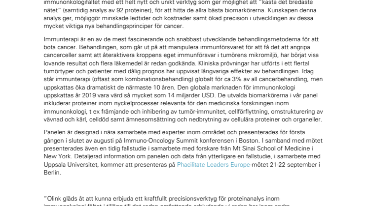 Olink Proteomics täcker in ytterligare ett sjukdomsområde och erbjuder marknadens bredaste och mest kompletta proteinbiomarkörpanel inom immunonkologi