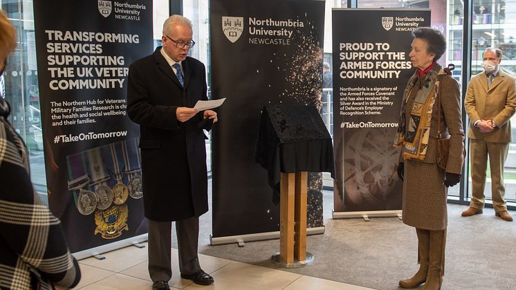 HRH Veteran Hub visit - Professor Andrew Wathey CBE, Vice-Chancellor and Chief Executive of Northumbria University says a few words of thanks and invites HRH The Princess Royal to unveil a plaque commemorating the visit.