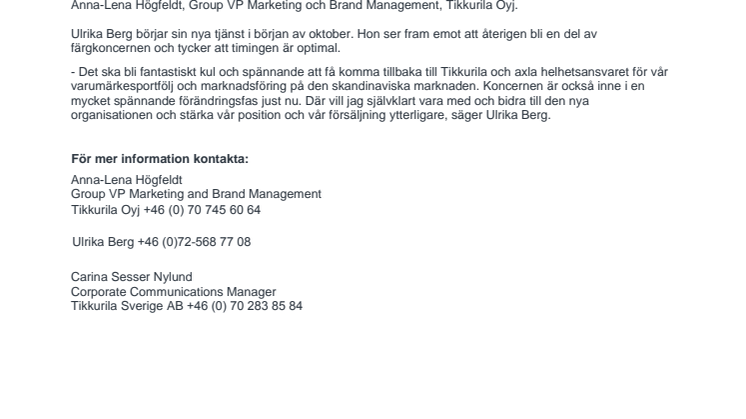 Ulrika Berg tillbaka i färgkoncernen Tikkurila - nu i rollen som skandinavisk marknadsdirektör