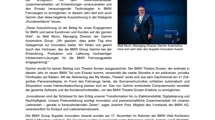 PM Garmin Garmin OEM erhält BMW Supplier Innovation Award