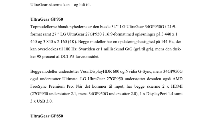 LG Electronics præsenterer årets nyheder inden for gaming skærme i UltraGear-familien