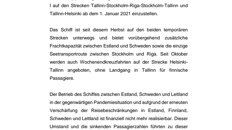 Tallink stellt den Betrieb von Victoria I auf den Strecken Tallinn-Stockholm-Riga-Stockholm-Tallinn und Tallinn-Helsinki ab dem 1. Januar 2021 ein