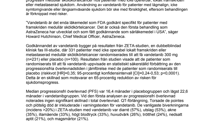FDA godkänner särläkemedlet vandetanib mot framskriden medullär sköldkörtelcancer