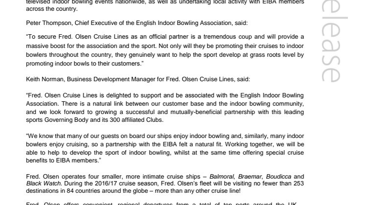Fred. Olsen Cruise Lines named ‘Official Partner’ of the English Indoor Bowling Association