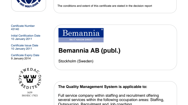 Certificate of Registration ISO 9001:2008 Bemannia AB
