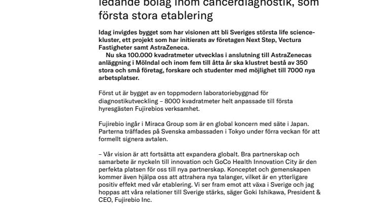 Näringsministern tog första spadtaget till GoCo Health Innovation City – Klart med Fujirebio, ett japanskt världsledande bolag inom cancerdiagnostik, som första stora etablering