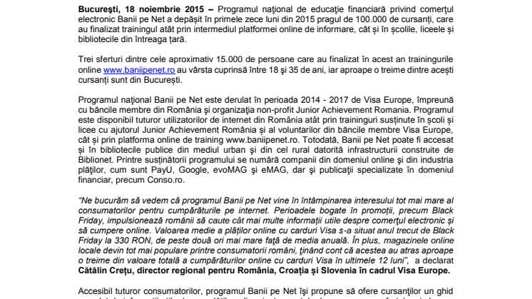 Visa Europe: Peste 100.000 de români au finalizat în acest an trainingul Banii pe Net privind cumpărăturile online