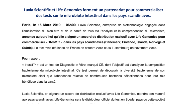 Luxia Scientific et Life Genomics forment un partenariat pour commercialiser des tests sur le microbiote intestinal dans les pays scandinaves.