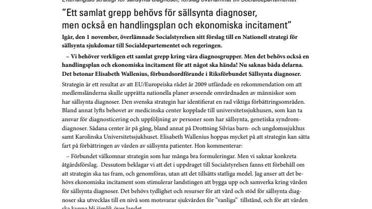 Efterlängtad strategi för sällsynta diagnoser, förslag överlämnat till Socialdepartementet